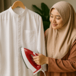 Seorang wanita berhijab syar’i asal Indonesia sedang menyetrika baju koko putih dengan setrika merah untuk menjaga baju koko tetap rapi dan awet di rumah yang terang dan rapi.