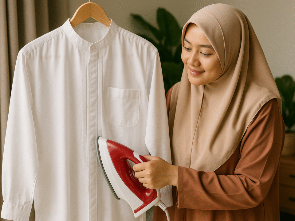 Seorang wanita berhijab syar’i asal Indonesia sedang menyetrika baju koko putih dengan setrika merah untuk menjaga baju koko tetap rapi dan awet di rumah yang terang dan rapi.