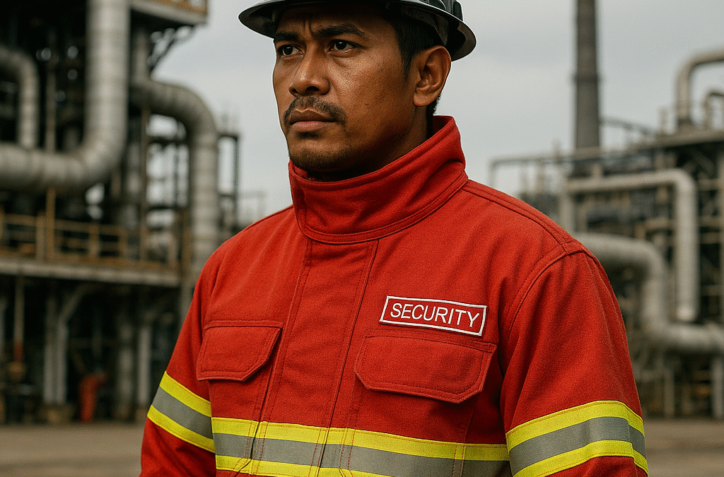 Petugas keamanan area industri asal Indonesia mengenakan seragam anti api berwarna merah dengan strip reflektif, berdiri tegas di depan fasilitas industri berat.