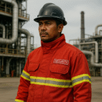 Petugas keamanan area industri asal Indonesia mengenakan seragam anti api berwarna merah dengan strip reflektif, berdiri tegas di depan fasilitas industri berat.