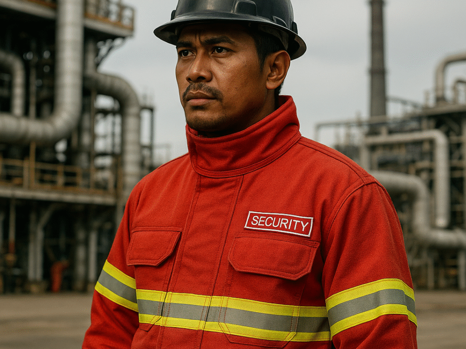 Petugas keamanan area industri asal Indonesia mengenakan seragam anti api berwarna merah dengan strip reflektif, berdiri tegas di depan fasilitas industri berat.