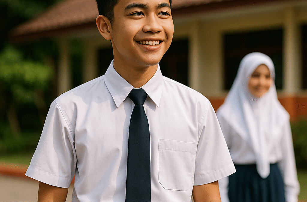 Potret realistis siswa sekolah menengah laki-laki Indonesia dengan seragam sekolah awet satu tahun, berdiri percaya diri di halaman sekolah dengan latar gedung dan teman perempuan berhijab syar’i.