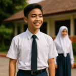 Potret realistis siswa sekolah menengah laki-laki Indonesia dengan seragam sekolah awet satu tahun, berdiri percaya diri di halaman sekolah dengan latar gedung dan teman perempuan berhijab syar’i.
