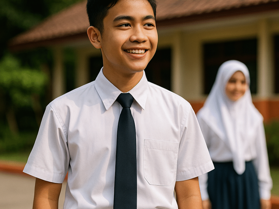 Potret realistis siswa sekolah menengah laki-laki Indonesia dengan seragam sekolah awet satu tahun, berdiri percaya diri di halaman sekolah dengan latar gedung dan teman perempuan berhijab syar’i.