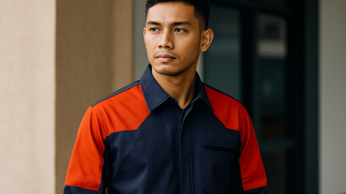 Pria Indonesia mengenakan seragam kerja anti api stylish berwarna navy dengan aksen merah, berdiri di area industri modern, memancarkan kesan profesional dan tangguh.