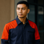 Pria Indonesia mengenakan seragam kerja anti api stylish berwarna navy dengan aksen merah, berdiri di area industri modern, memancarkan kesan profesional dan tangguh.