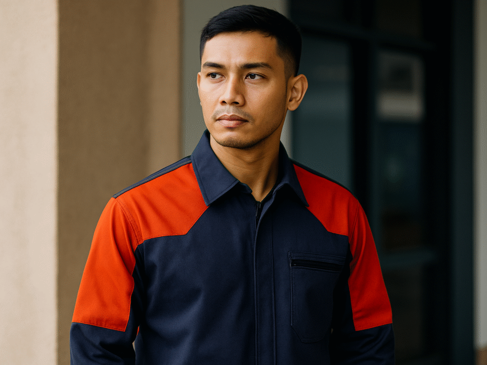 Pria Indonesia mengenakan seragam kerja anti api stylish berwarna navy dengan aksen merah, berdiri di area industri modern, memancarkan kesan profesional dan tangguh.