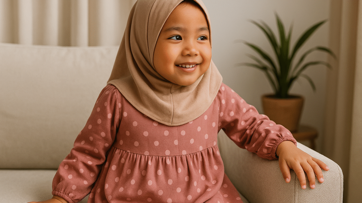 Tunik anak perempuan lucu dan nyaman dipakai dengan desain polkadot warna dusty rose, dipadukan hijab syar'i krem, dikenakan oleh anak Indonesia yang tersenyum ceria di sofa, suasana hangat dan natural.