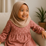 Tunik anak perempuan lucu dan nyaman dipakai dengan desain polkadot warna dusty rose, dipadukan hijab syar'i krem, dikenakan oleh anak Indonesia yang tersenyum ceria di sofa, suasana hangat dan natural.