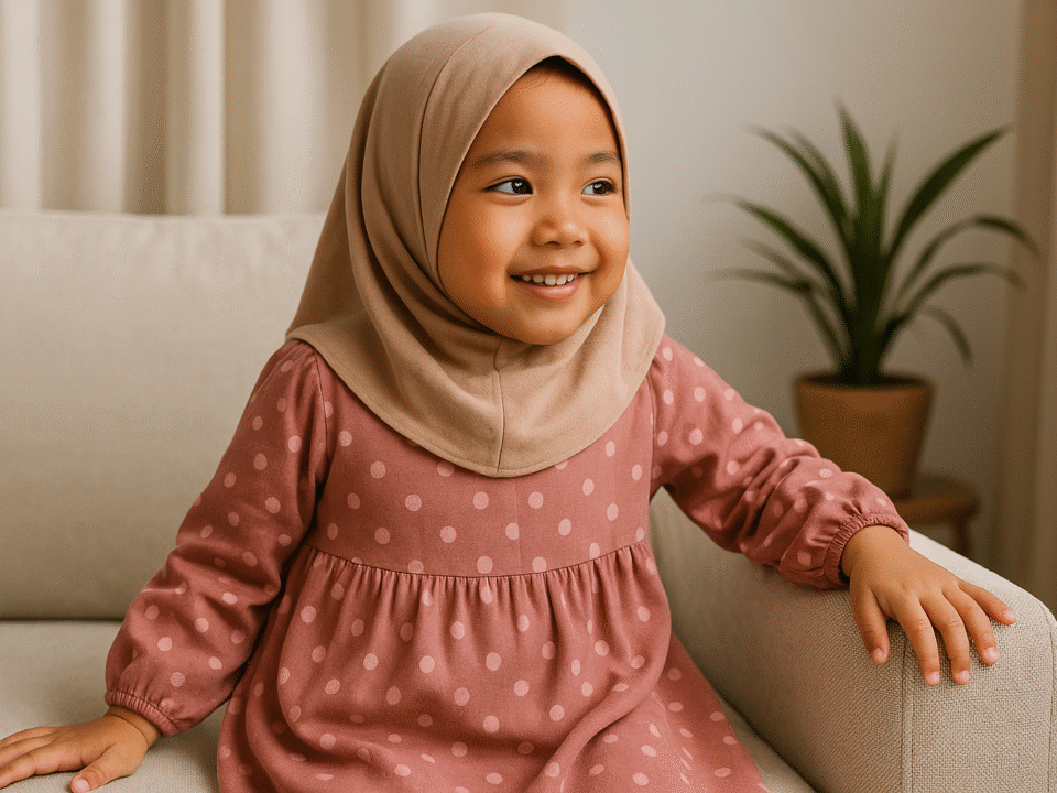 Tunik anak perempuan lucu dan nyaman dipakai dengan desain polkadot warna dusty rose, dipadukan hijab syar'i krem, dikenakan oleh anak Indonesia yang tersenyum ceria di sofa, suasana hangat dan natural.