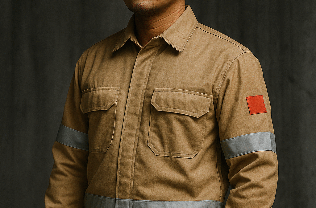 Pekerja industri Indonesia mengenakan seragam kerja anti api ringan dengan desain ergonomis dan aksen merah, memberikan perlindungan maksimal sekaligus mendukung mobilitas tinggi.
