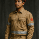 Pekerja industri Indonesia mengenakan seragam kerja anti api ringan dengan desain ergonomis dan aksen merah, memberikan perlindungan maksimal sekaligus mendukung mobilitas tinggi.