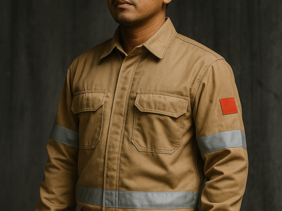 Pekerja industri Indonesia mengenakan seragam kerja anti api ringan dengan desain ergonomis dan aksen merah, memberikan perlindungan maksimal sekaligus mendukung mobilitas tinggi.