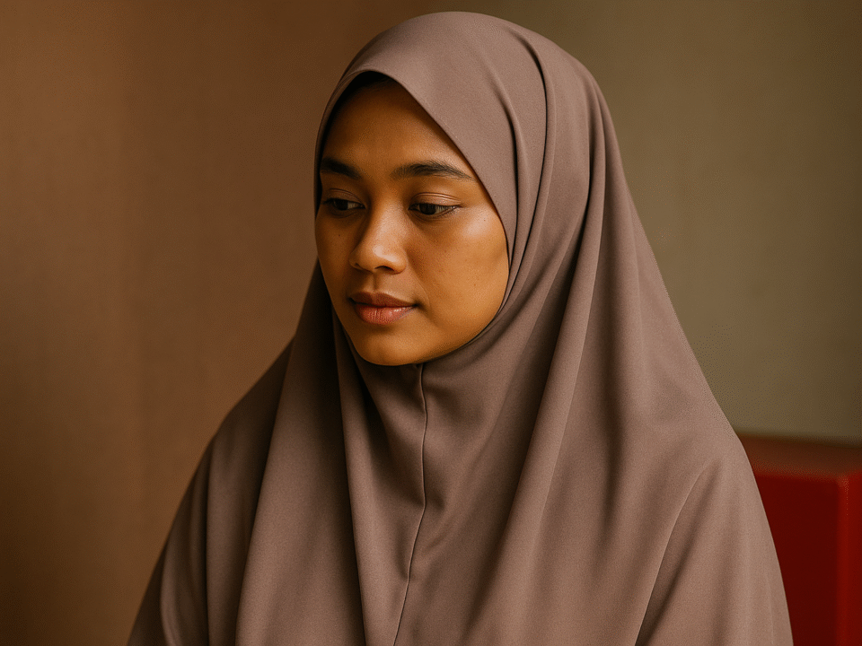 Warna hijab cocok kulit sawo matang dengan model hijab syar’i berbahan lembut, memberikan kesan anggun dan natural bagi wanita Indonesia.