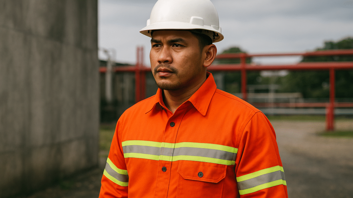 Pekerja industri Indonesia mengenakan seragam anti api standar keselamatan kerja berwarna oranye dengan strip reflektif, helm proyek putih, dan latar belakang area industri, menonjolkan kesan tangguh dan profesional.