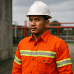 Pekerja industri Indonesia mengenakan seragam anti api standar keselamatan kerja berwarna oranye dengan strip reflektif, helm proyek putih, dan latar belakang area industri, menonjolkan kesan tangguh dan profesional.