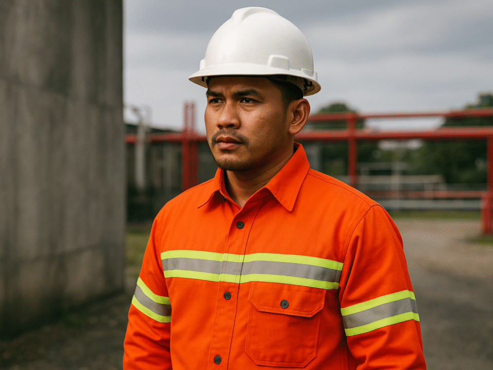 Pekerja industri Indonesia mengenakan seragam anti api standar keselamatan kerja berwarna oranye dengan strip reflektif, helm proyek putih, dan latar belakang area industri, menonjolkan kesan tangguh dan profesional.