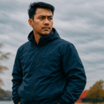 Pekerja Indonesia mengenakan jaket kerja berbahan tahan angin di area terbuka dengan latar bendera merah putih berkibar, menggambarkan perlindungan optimal untuk cuaca berangin.
