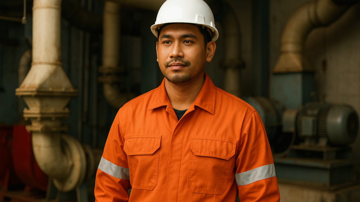 Pekerja industri Indonesia mengenakan seragam anti api tahan lama berwarna oranye dengan strip reflektif, berdiri di dalam fasilitas industri dengan latar pipa dan mesin, mencerminkan ketahanan dan perlindungan optimal.