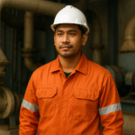 Pekerja industri Indonesia mengenakan seragam anti api tahan lama berwarna oranye dengan strip reflektif, berdiri di dalam fasilitas industri dengan latar pipa dan mesin, mencerminkan ketahanan dan perlindungan optimal.
