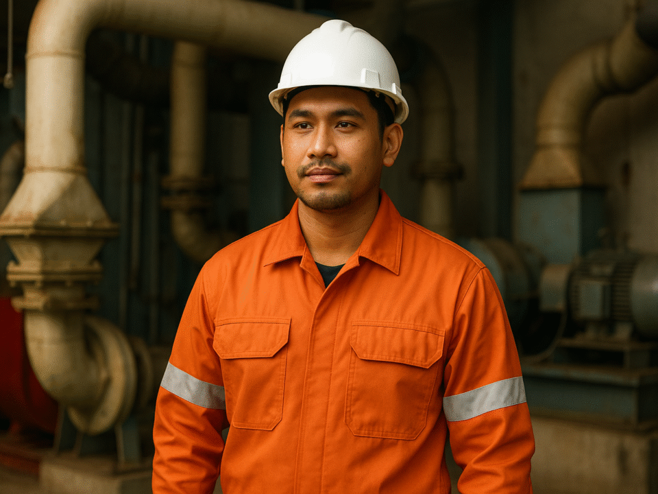 Pekerja industri Indonesia mengenakan seragam anti api tahan lama berwarna oranye dengan strip reflektif, berdiri di dalam fasilitas industri dengan latar pipa dan mesin, mencerminkan ketahanan dan perlindungan optimal.