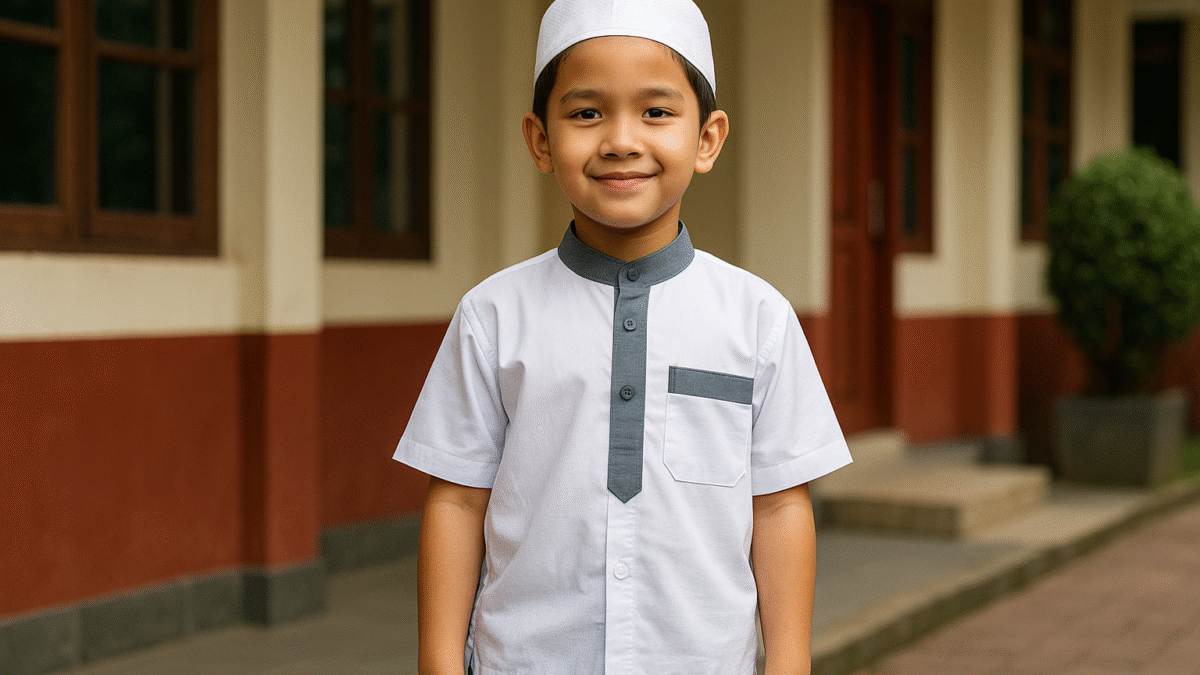 Anak laki-laki Indonesia mengenakan baju muslim anak laki-laki sekolah berwarna putih dengan aksen abu-abu, berdiri di halaman sekolah dengan senyum ramah dan latar bangunan bercat merah.