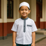 Anak laki-laki Indonesia mengenakan baju muslim anak laki-laki sekolah berwarna putih dengan aksen abu-abu, berdiri di halaman sekolah dengan senyum ramah dan latar bangunan bercat merah.