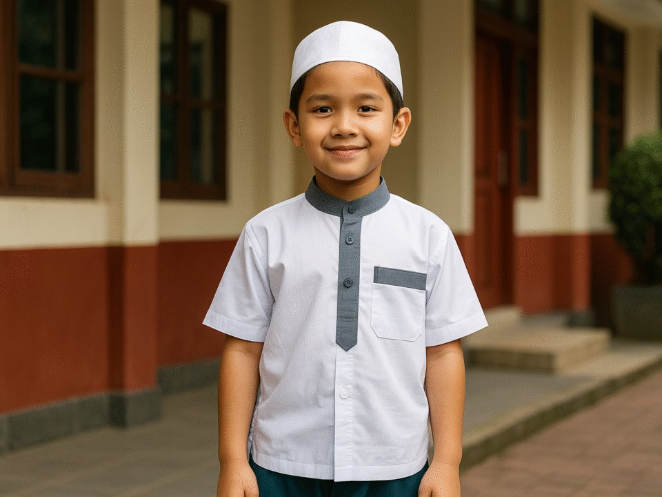 Anak laki-laki Indonesia mengenakan baju muslim anak laki-laki sekolah berwarna putih dengan aksen abu-abu, berdiri di halaman sekolah dengan senyum ramah dan latar bangunan bercat merah.