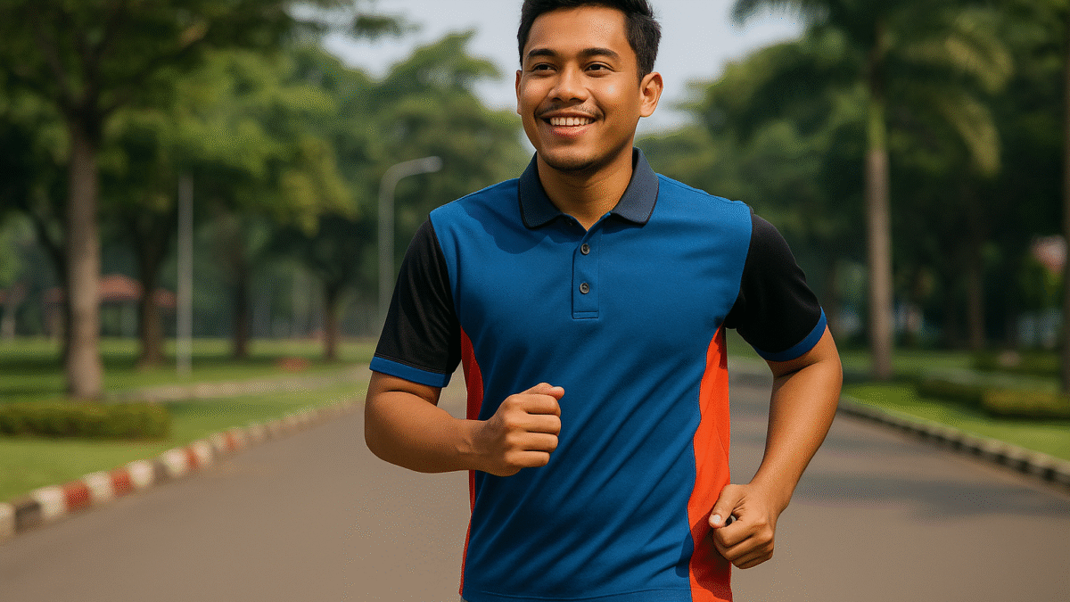 Pria muda Indonesia berolahraga di Karawang mengenakan pakaian olahraga nyaman berwarna biru, hitam, dan aksen merah, berlari di jalur taman dengan latar pepohonan rindang.