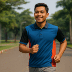 Pria muda Indonesia berolahraga di Karawang mengenakan pakaian olahraga nyaman berwarna biru, hitam, dan aksen merah, berlari di jalur taman dengan latar pepohonan rindang.
