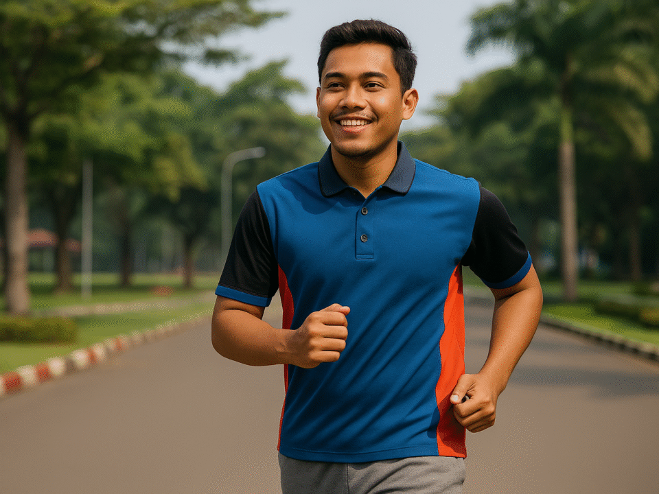 Pria muda Indonesia berolahraga di Karawang mengenakan pakaian olahraga nyaman berwarna biru, hitam, dan aksen merah, berlari di jalur taman dengan latar pepohonan rindang.