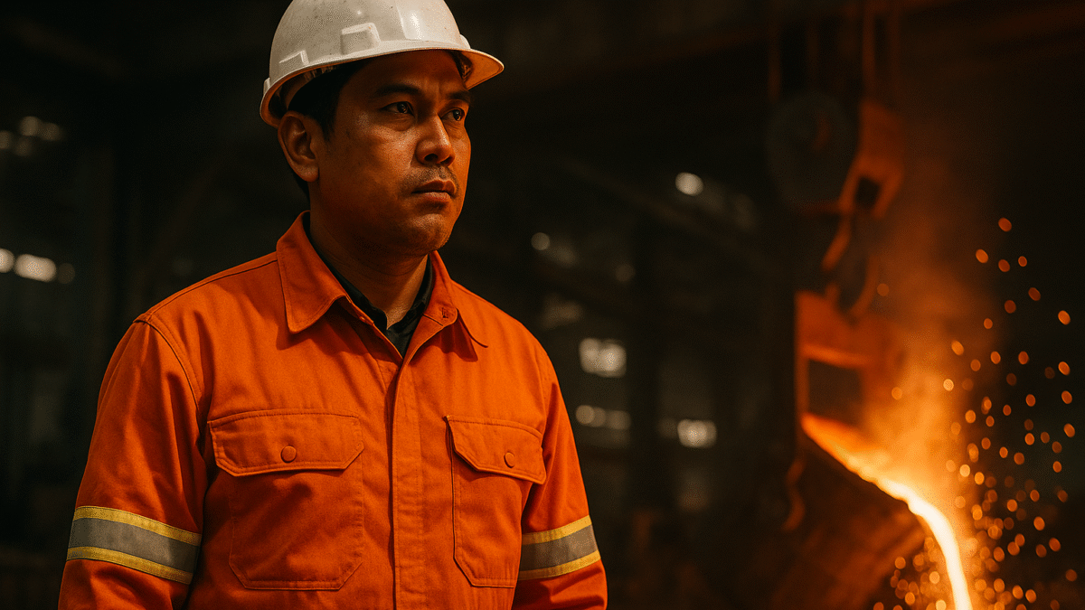 Pekerja industri logam Indonesia mengenakan seragam kerja anti api berwarna oranye dengan strip reflektif dan helm proyek putih, berdiri di area pengecoran logam dengan percikan api dan lelehan logam di latar belakang.