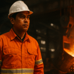 Pekerja industri logam Indonesia mengenakan seragam kerja anti api berwarna oranye dengan strip reflektif dan helm proyek putih, berdiri di area pengecoran logam dengan percikan api dan lelehan logam di latar belakang.