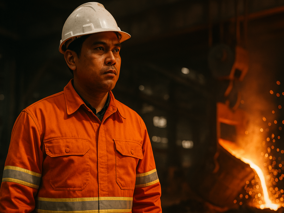 Pekerja industri logam Indonesia mengenakan seragam kerja anti api berwarna oranye dengan strip reflektif dan helm proyek putih, berdiri di area pengecoran logam dengan percikan api dan lelehan logam di latar belakang.