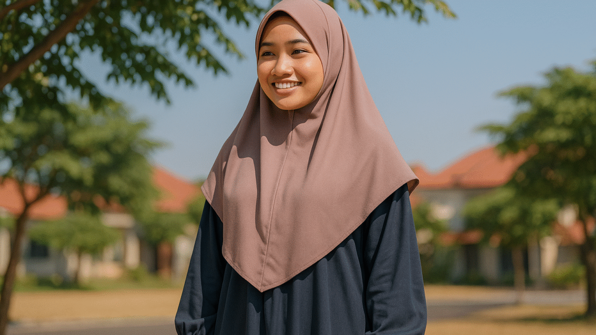 Remaja Indonesia mengenakan gamis adem dan hijab syar'i di bawah teduhan pohon pada siang hari, cocok untuk cuaca panas dengan desain longgar dan bahan ringan.