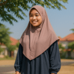 Remaja Indonesia mengenakan gamis adem dan hijab syar'i di bawah teduhan pohon pada siang hari, cocok untuk cuaca panas dengan desain longgar dan bahan ringan.