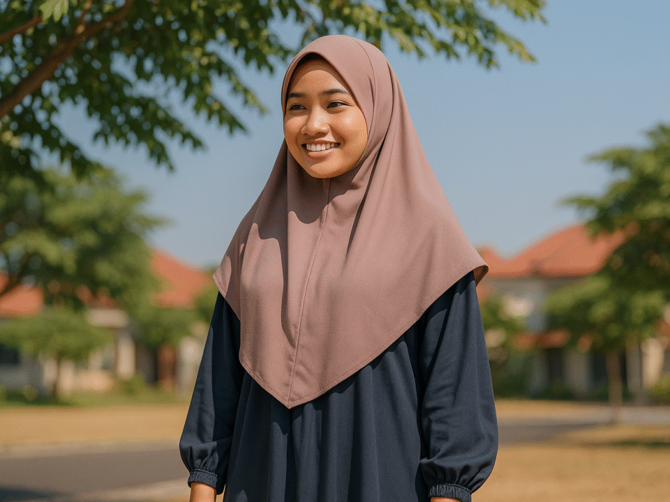 Remaja Indonesia mengenakan gamis adem dan hijab syar'i di bawah teduhan pohon pada siang hari, cocok untuk cuaca panas dengan desain longgar dan bahan ringan.