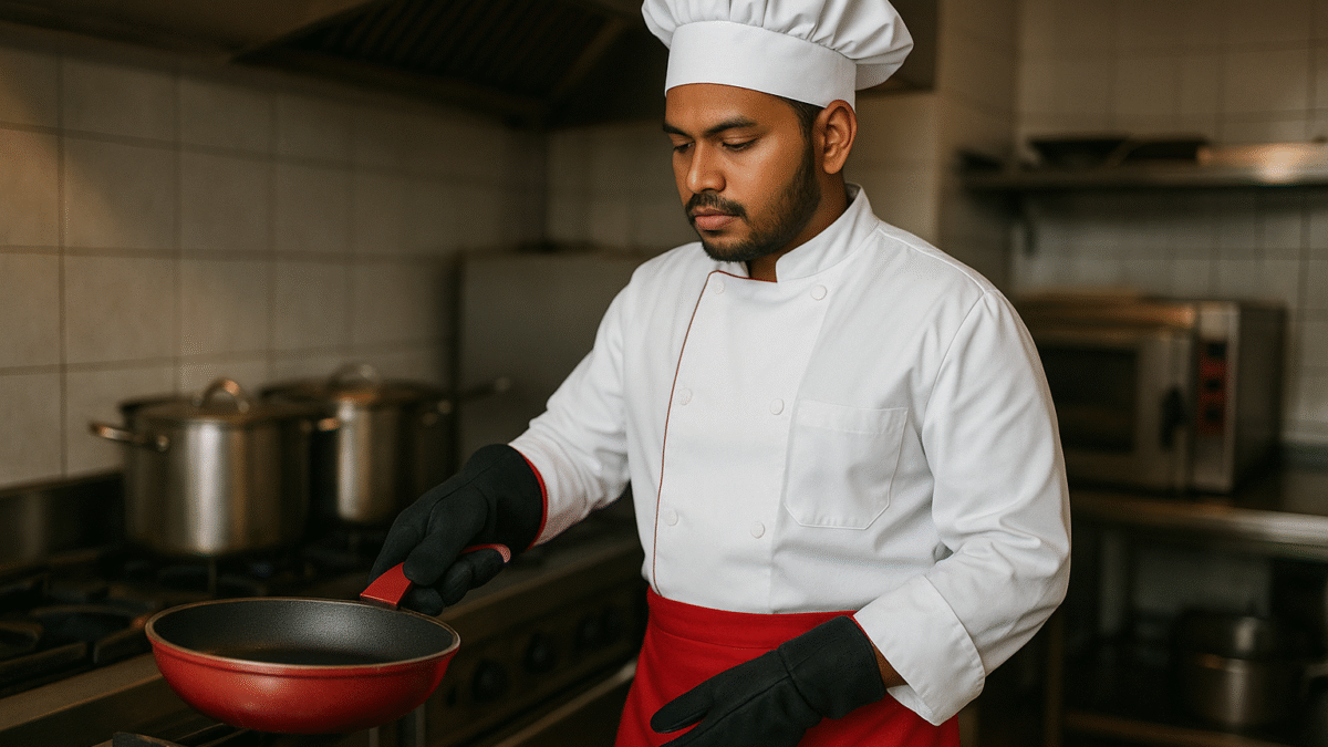 Chef hotel asal Indonesia mengenakan seragam anti api pekerja dapur hotel, terdiri dari jaket chef putih dengan aksen merah, apron merah, sarung tangan tahan panas, dan topi koki, sedang memasak di dapur profesional dengan wajan merah di atas kompor.