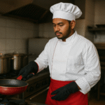 Chef hotel asal Indonesia mengenakan seragam anti api pekerja dapur hotel, terdiri dari jaket chef putih dengan aksen merah, apron merah, sarung tangan tahan panas, dan topi koki, sedang memasak di dapur profesional dengan wajan merah di atas kompor.