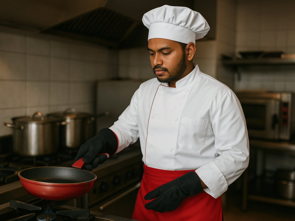 Chef hotel asal Indonesia mengenakan seragam anti api pekerja dapur hotel, terdiri dari jaket chef putih dengan aksen merah, apron merah, sarung tangan tahan panas, dan topi koki, sedang memasak di dapur profesional dengan wajan merah di atas kompor.