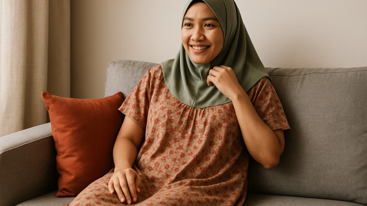 Ibu rumah tangga Indonesia berhijab syar'i mengenakan model daster harian bermotif floral dengan nuansa hangat, duduk santai di sofa dengan bantal aksen merah.