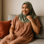 Ibu rumah tangga Indonesia berhijab syar'i mengenakan model daster harian bermotif floral dengan nuansa hangat, duduk santai di sofa dengan bantal aksen merah.