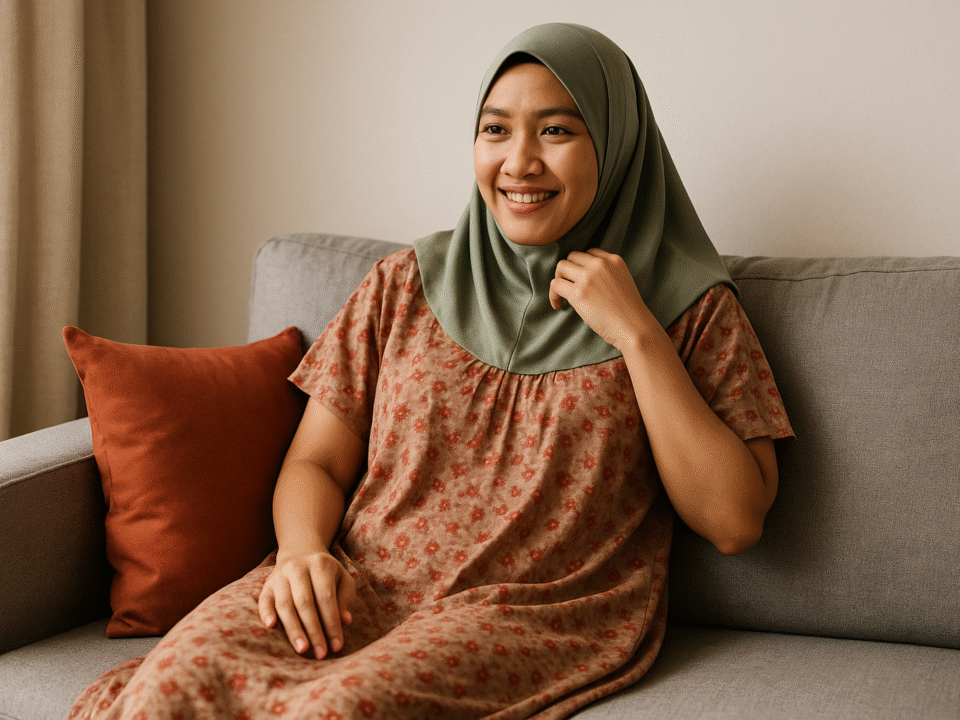 Ibu rumah tangga Indonesia berhijab syar'i mengenakan model daster harian bermotif floral dengan nuansa hangat, duduk santai di sofa dengan bantal aksen merah.