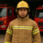 Petugas pemadam kebakaran Indonesia mengenakan seragam kerja anti api berwarna cokelat dengan strip reflektif, helm kuning, berdiri di depan mobil pemadam berwarna merah di area garasi pemadam.