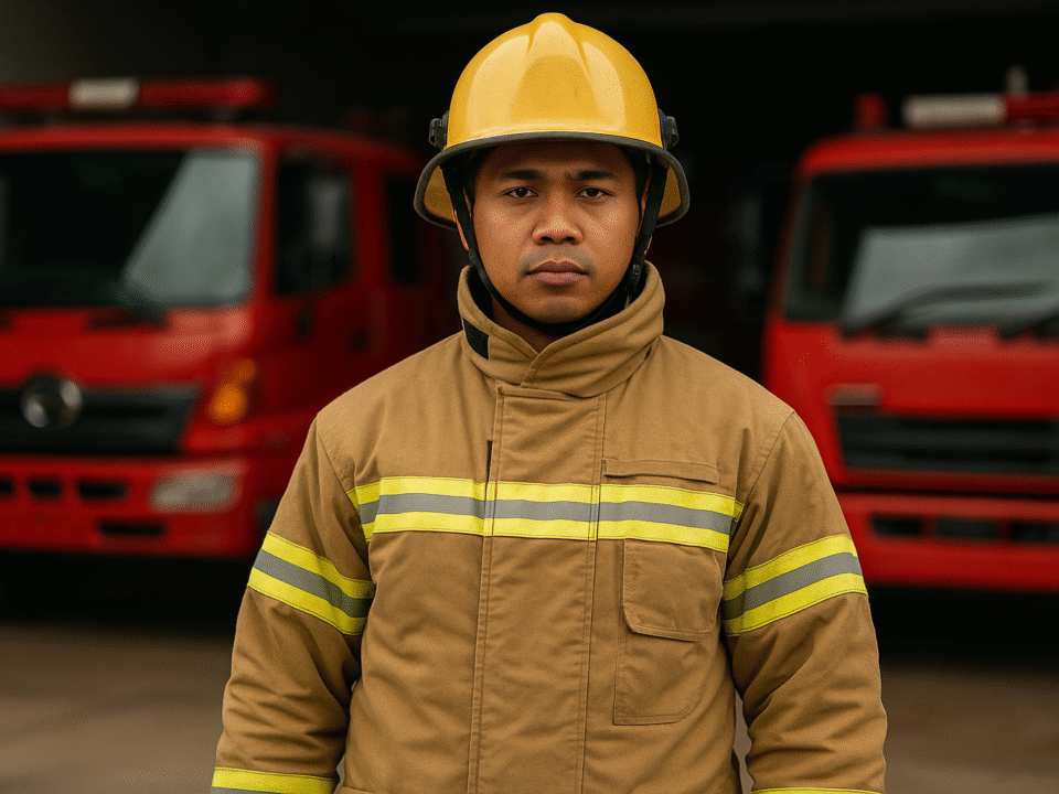 Petugas pemadam kebakaran Indonesia mengenakan seragam kerja anti api berwarna cokelat dengan strip reflektif, helm kuning, berdiri di depan mobil pemadam berwarna merah di area garasi pemadam.