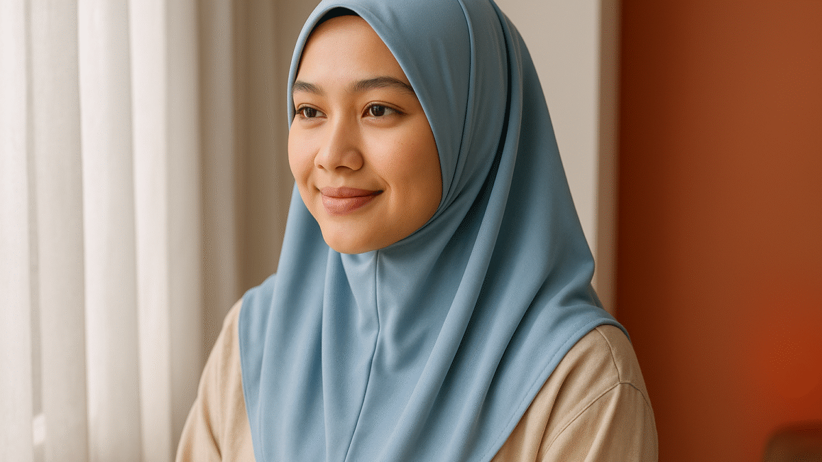 Wanita muslimah Indonesia mengenakan hijab syar'i berwarna biru lembut yang sejuk dan tidak mudah kusut, duduk di dekat jendela dengan cahaya alami yang hangat.