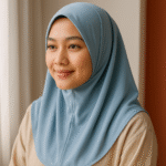 Wanita muslimah Indonesia mengenakan hijab syar'i berwarna biru lembut yang sejuk dan tidak mudah kusut, duduk di dekat jendela dengan cahaya alami yang hangat.