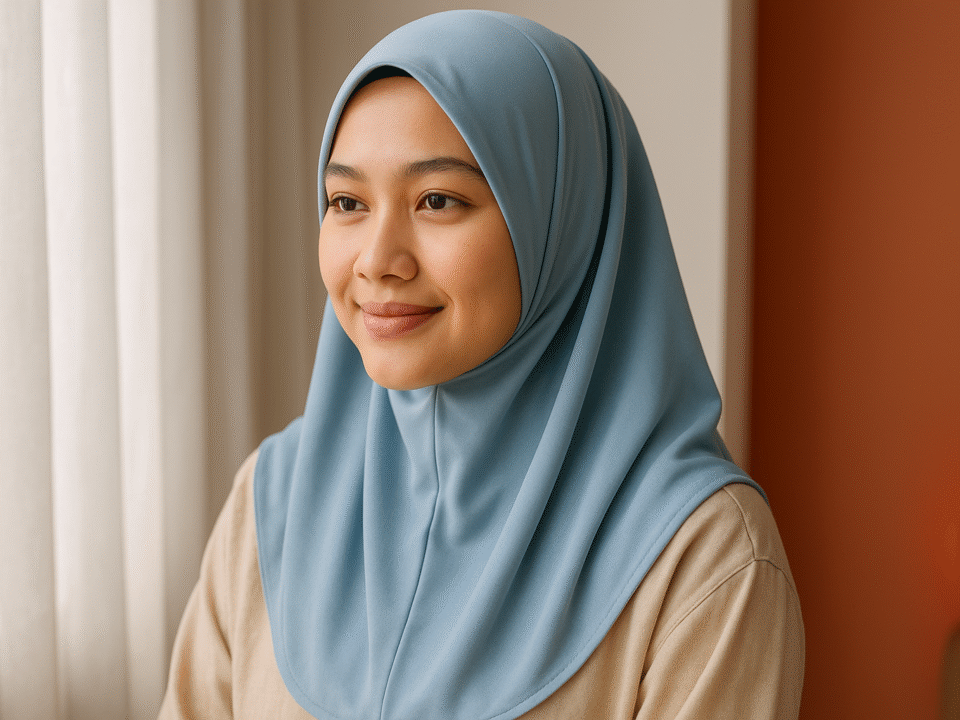 Wanita muslimah Indonesia mengenakan hijab syar'i berwarna biru lembut yang sejuk dan tidak mudah kusut, duduk di dekat jendela dengan cahaya alami yang hangat.