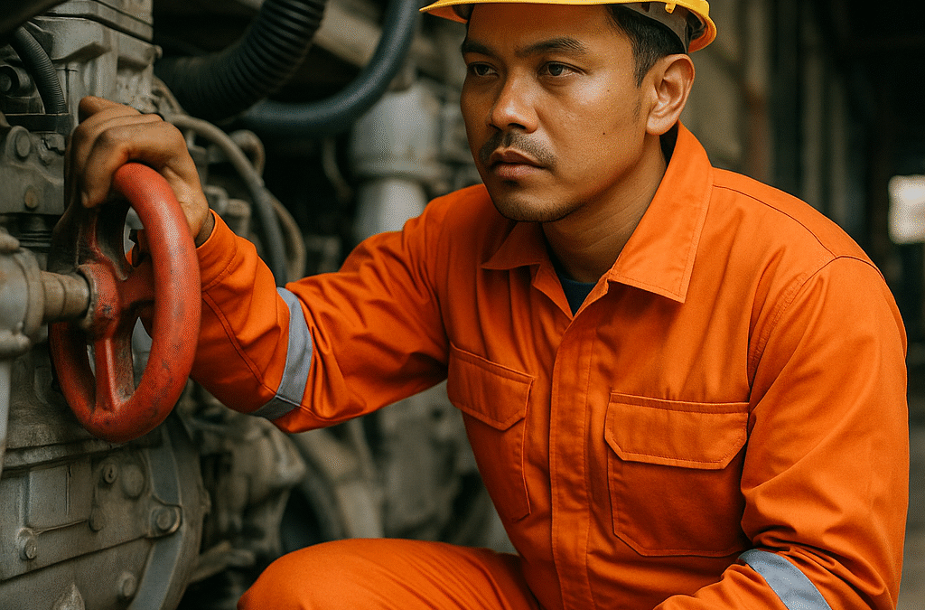 Teknisi perawatan mesin asal Indonesia mengenakan seragam anti api teknisi mesin berwarna oranye dengan strip reflektif, memutar katup merah di area industri untuk memastikan keselamatan kerja.
