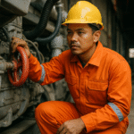 Teknisi perawatan mesin asal Indonesia mengenakan seragam anti api teknisi mesin berwarna oranye dengan strip reflektif, memutar katup merah di area industri untuk memastikan keselamatan kerja.